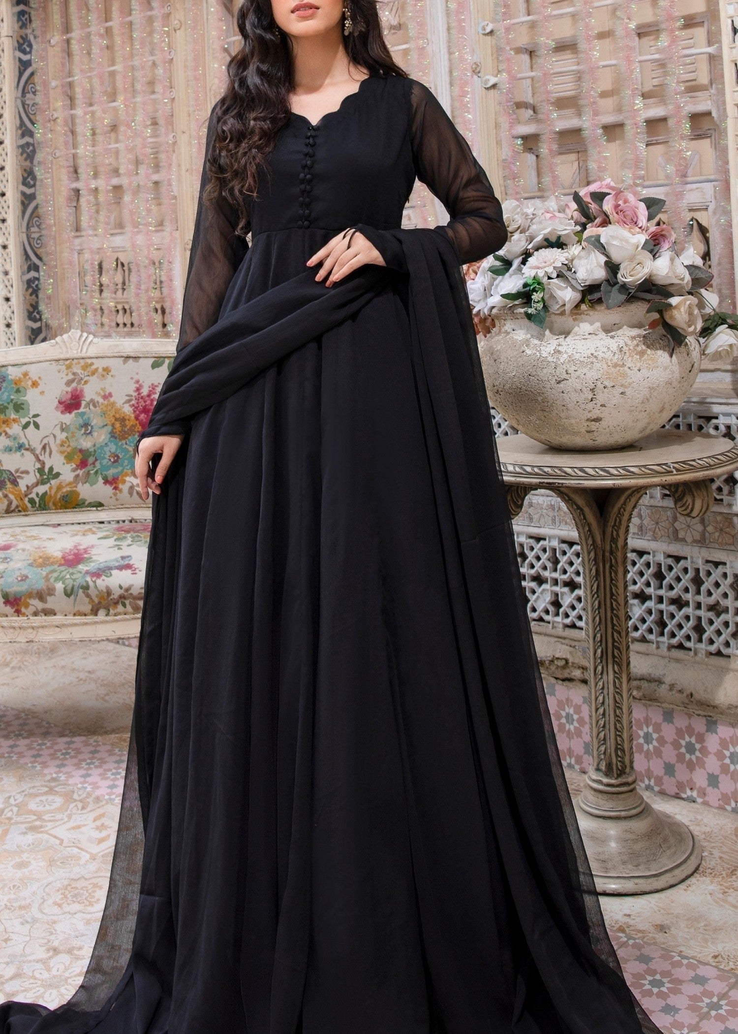 Black Chiffon Pishwas Suit Online in Dubai UAE Abudhabi Ajman Sharjah