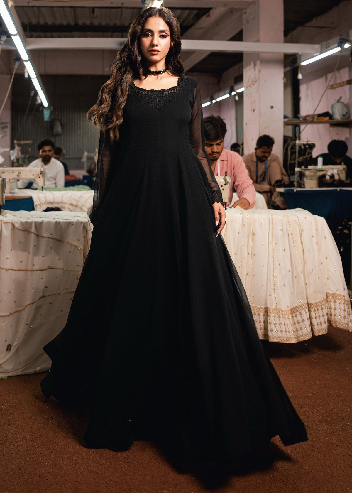 Black Chiffon Pishwas with Dupatta Online in Dubai UAE Abudhabi Ajman Sharjah
