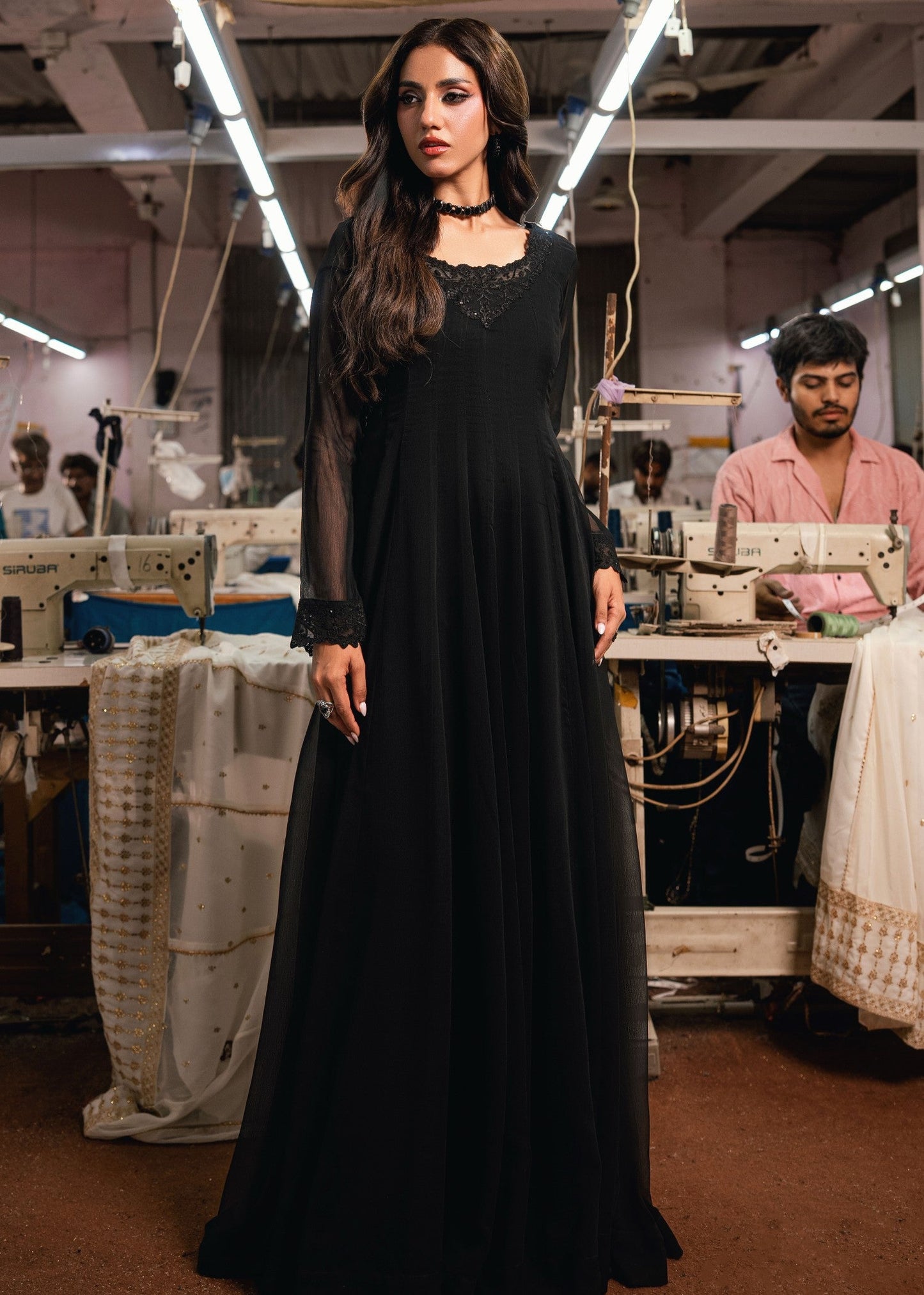 Black Chiffon Pishwas with Kiran Detailing Online in Dubai DXB UAE Abudhabi Meena Bazaar