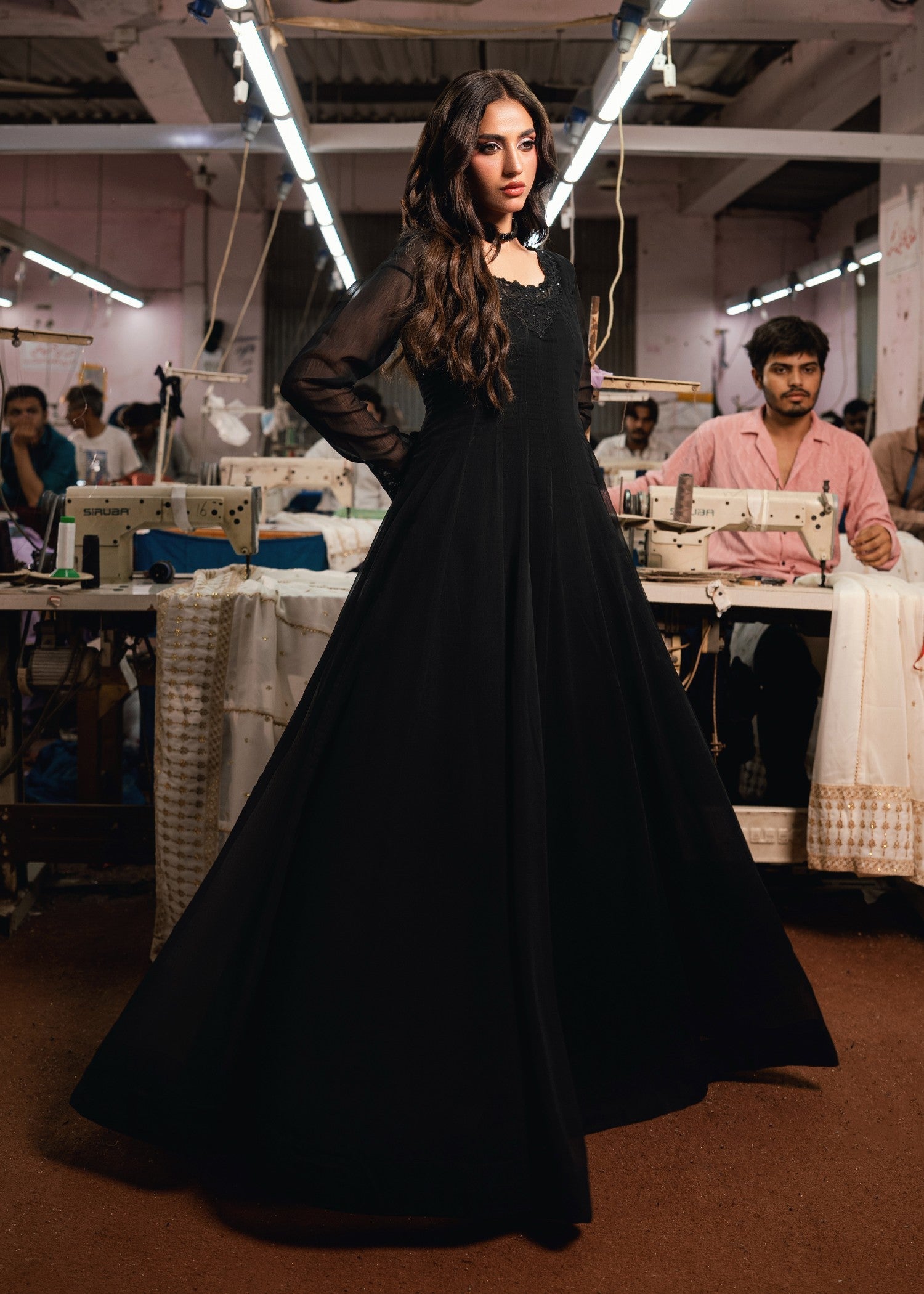 Black Chiffon Pishwas with Zari Sequins Online in KSA Riyadh Saudi Arabia Oman Bahrain Qatar
