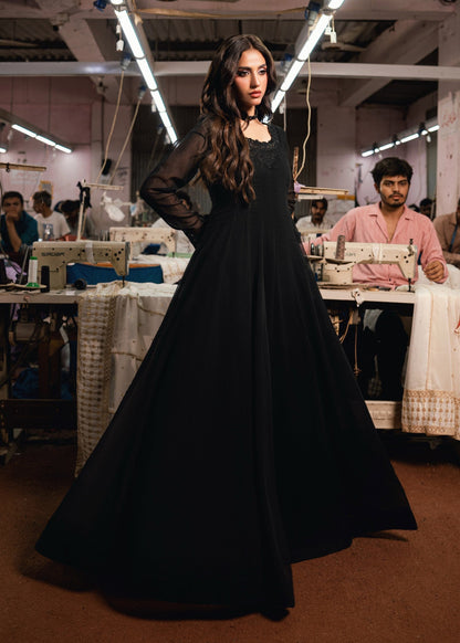 Black Chiffon Pishwas with Zari Sequins Online in KSA Riyadh Saudi Arabia Oman Bahrain Qatar