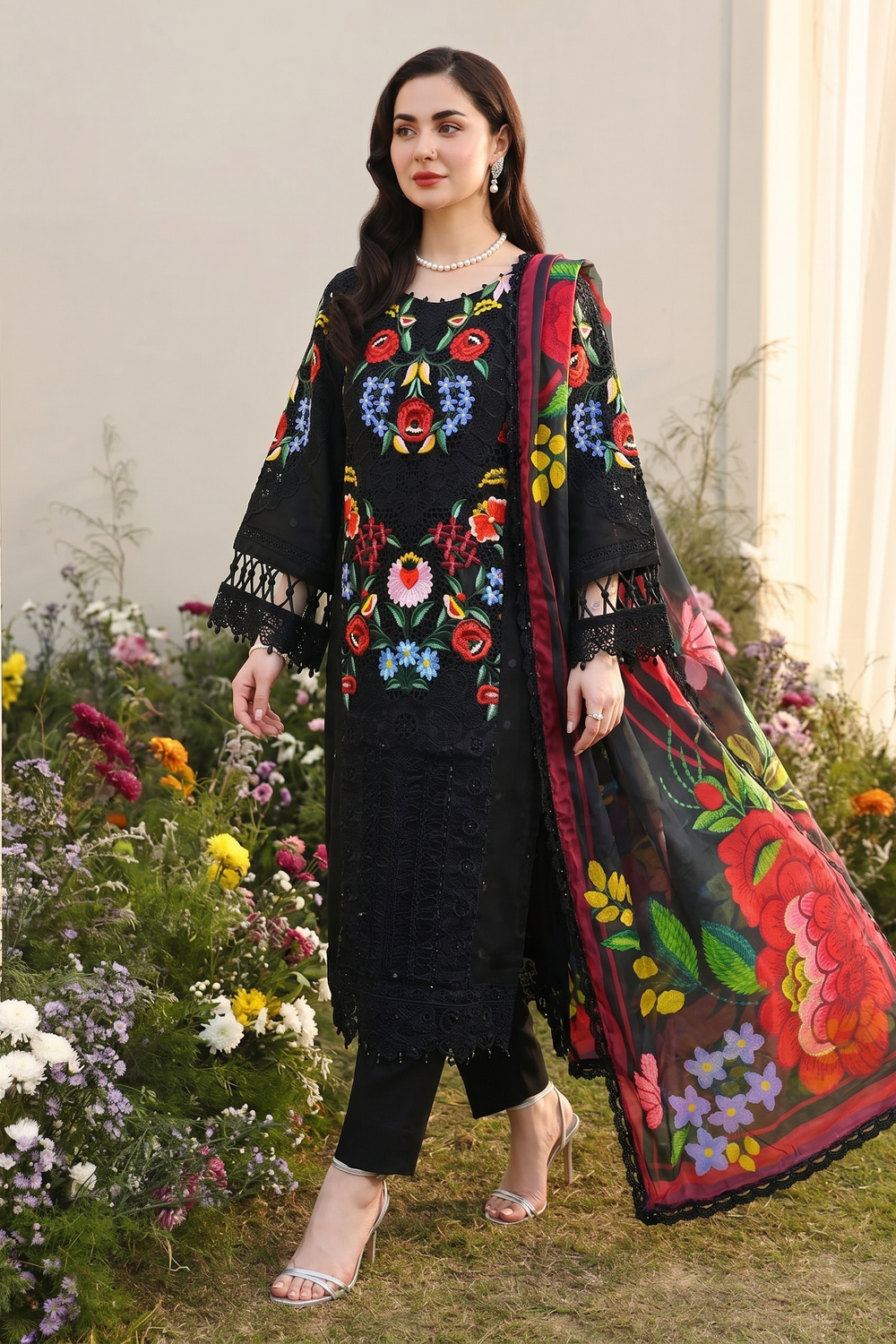 Black Cotton Digital Printed Silk Dupatta Salwar Kameez Online in Dubai UAE Abudhabi Ajman Sharjah
