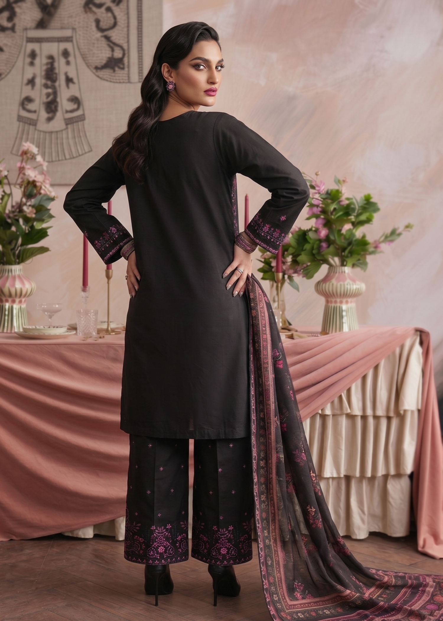 Black Cotton Embroidered Festive Wear Suit Online in Sri Lanka India Australia