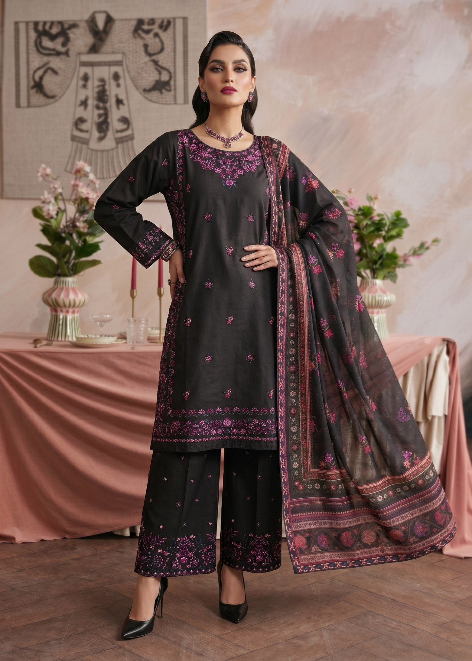 Black Cotton Embroidered Kurta Suit Online in Dubai DXB UAE Abudhabi Meena Bazaar