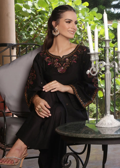 Black Cotton Embroidered Partywear Suit Online in KSA Riyadh Saudi Arabia Oman Bahrain Qatar