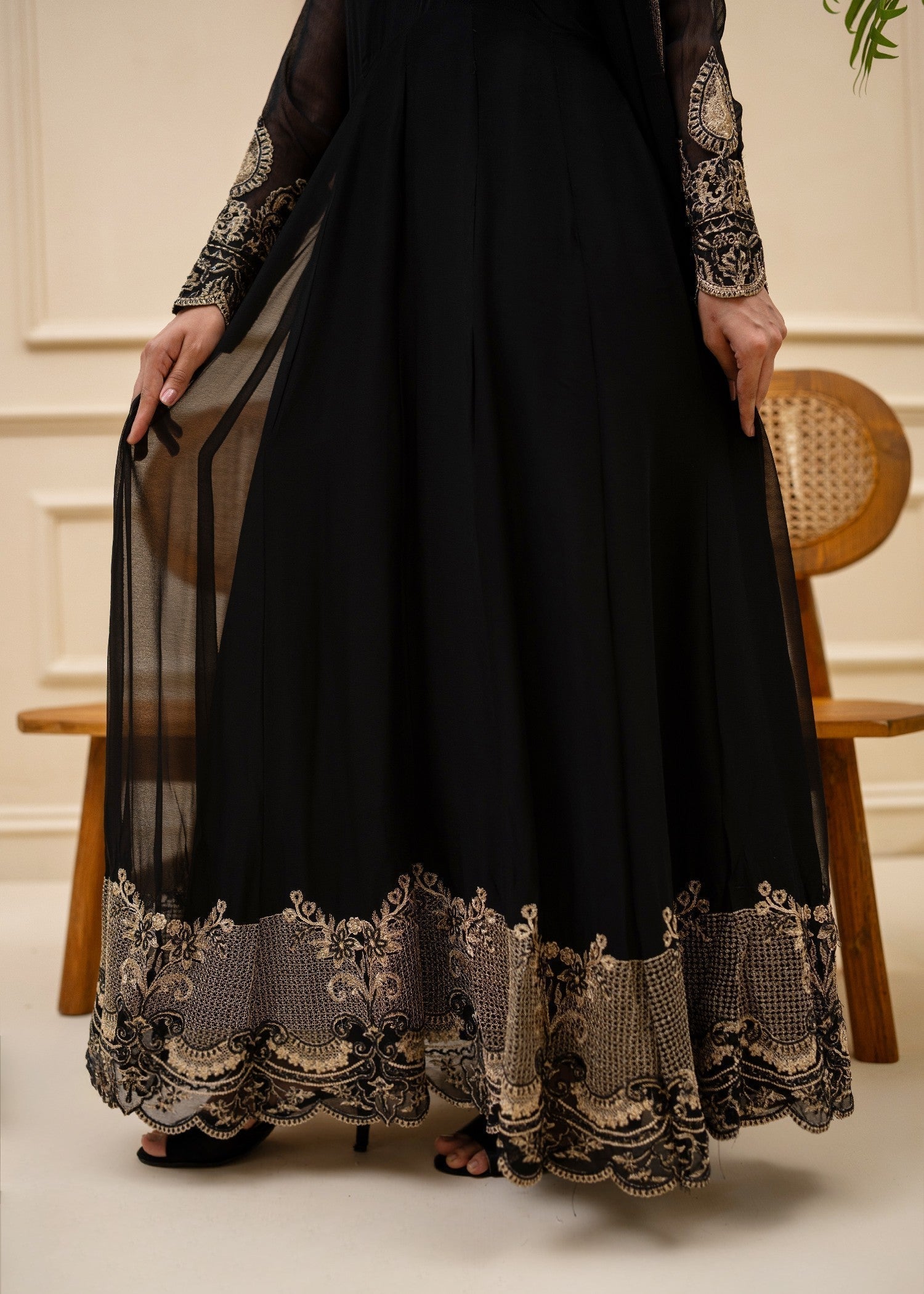 Black Crinkle Chiffon Embroidered Maxi Top and Trouser Online in Dubai DXB UAE Abudhabi Meena Bazaar