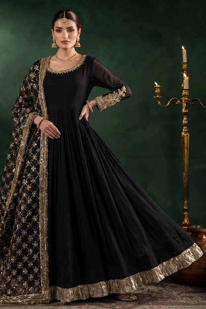 Black Crinkle Chiffon Hand Embroidered Wedding Suit Online in Dubai UAE Abudhabi Ajman Sharjah