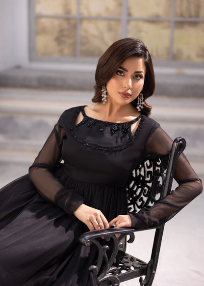 Black Designer Chiffon Layered Maxi Suit Online in KSA Riyadh Saudi Arabia Oman Bahrain Qatar