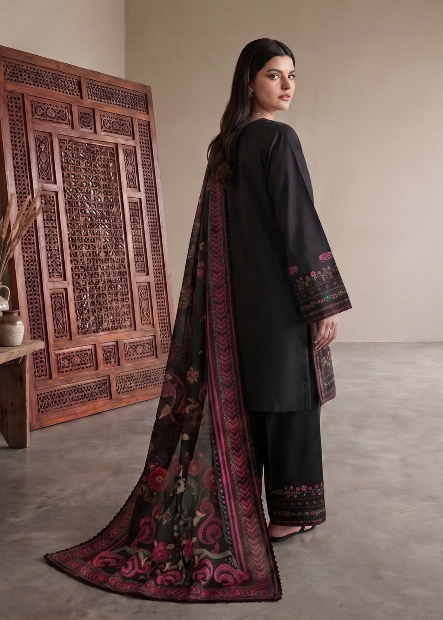 Black Designer Lawn Cotton Suit Online in Dubai UAE Abudhabi Ajman Sharjah