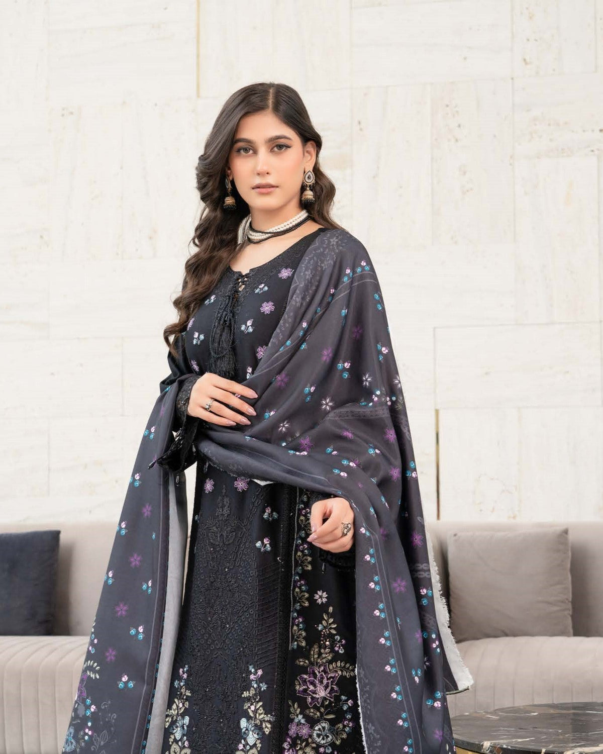 Black Dhanak Embroidered Ready to Wear Suit Online in Dubai DXB UAE Abudhabi Meena Bazaar