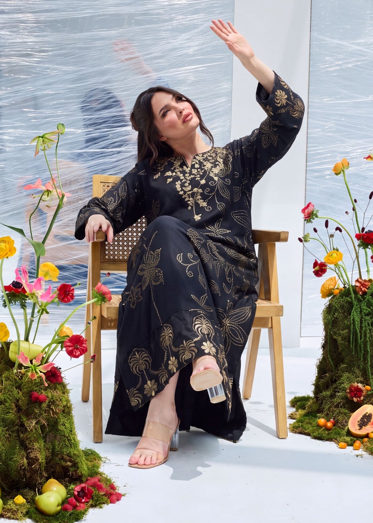 Black Dhanak Patchwork Kaftan Online in Dubai DXB UAE Abudhabi Meena Bazaar