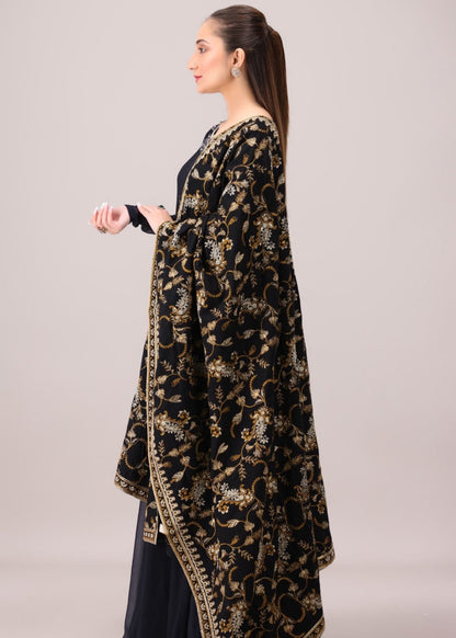 Black Dhanak Shawl with Embroidery Online in Dubai UAE Abudhabi Ajman Sharjah