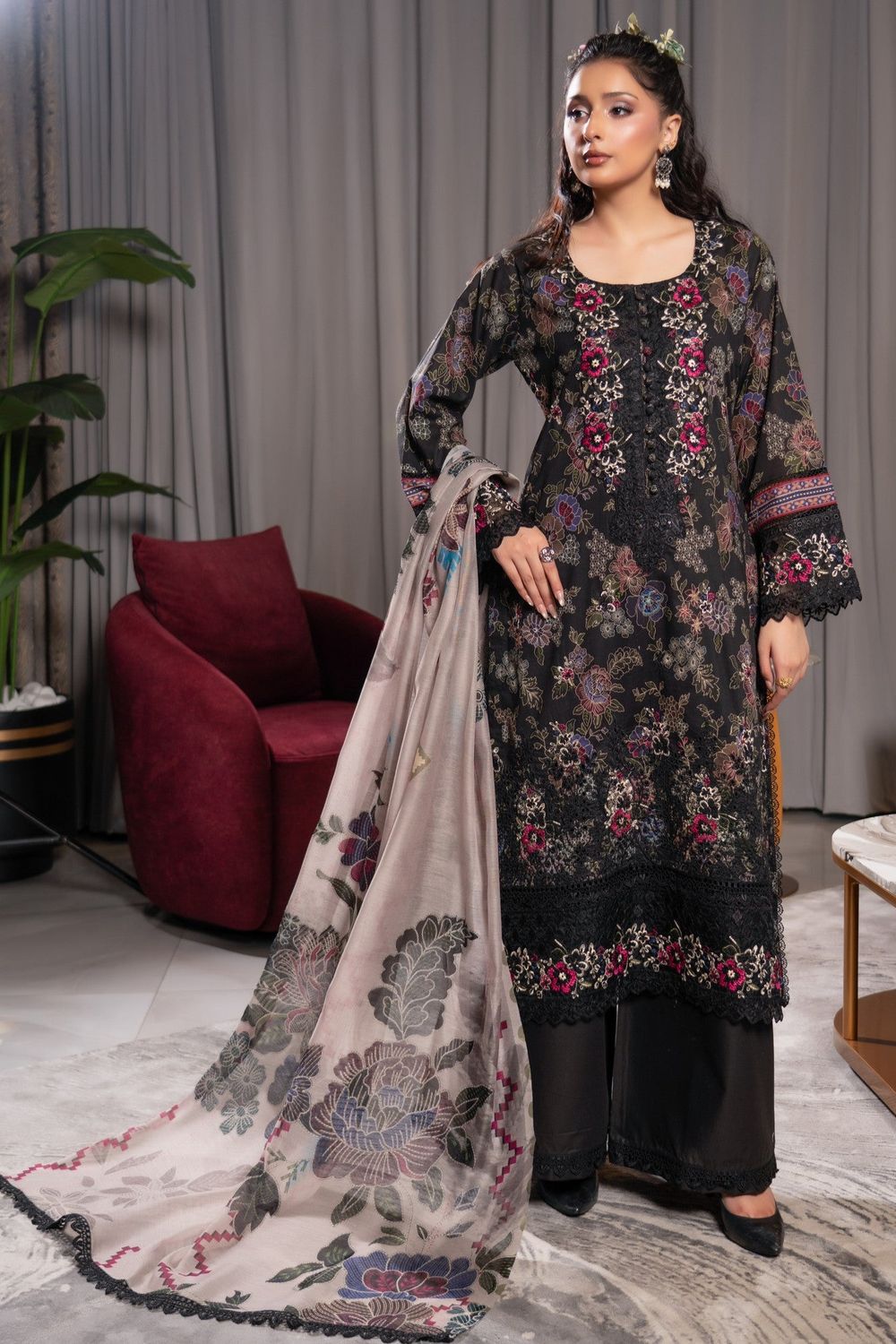 Black Digital Printed Lawn Patchwork Suit Online in Dubai UAE Abudhabi Ajman Sharjah