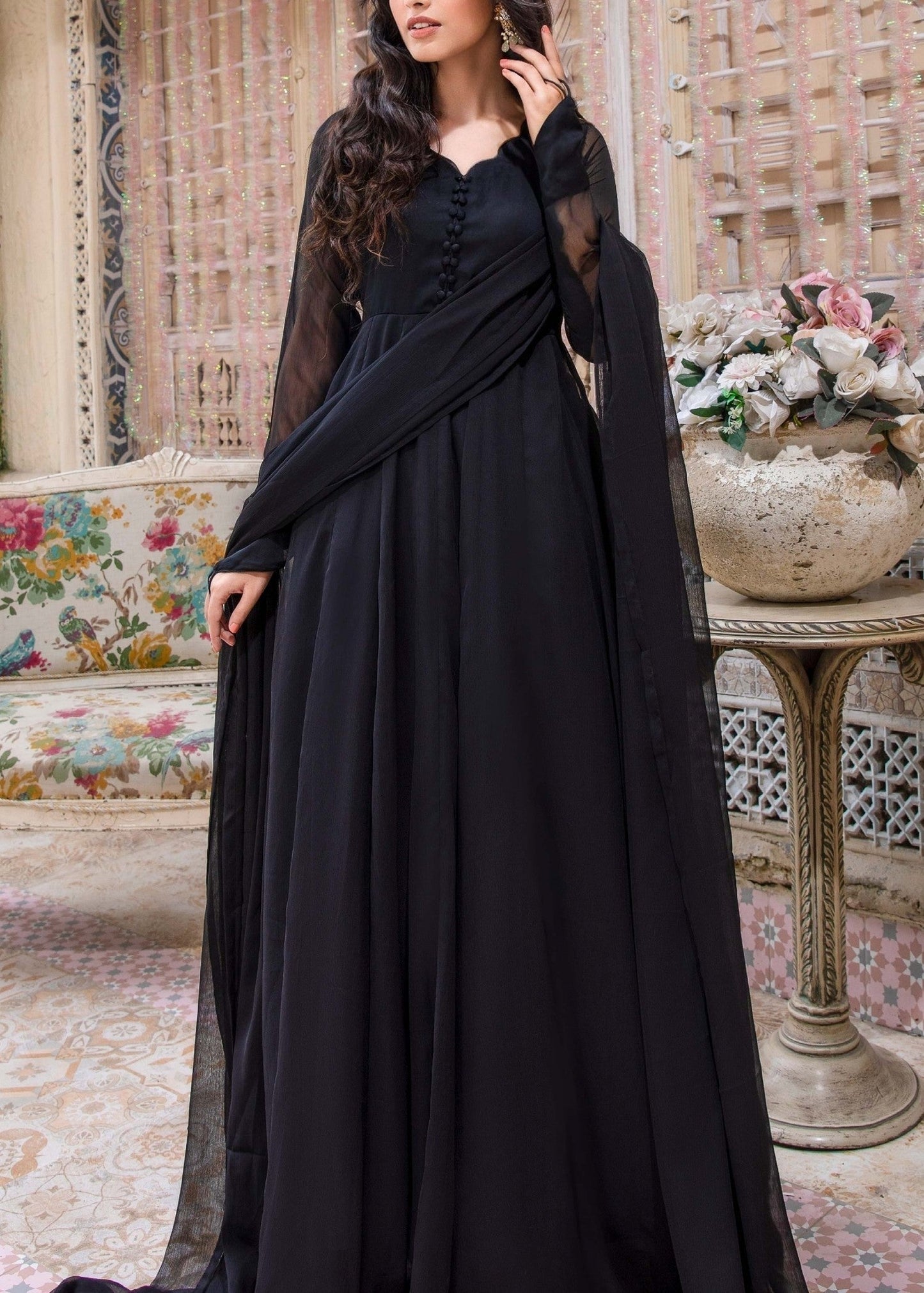 Black Embellished Chiffon Festive Wear Online in Dubai DXB UAE Abudhabi Meena Bazaar