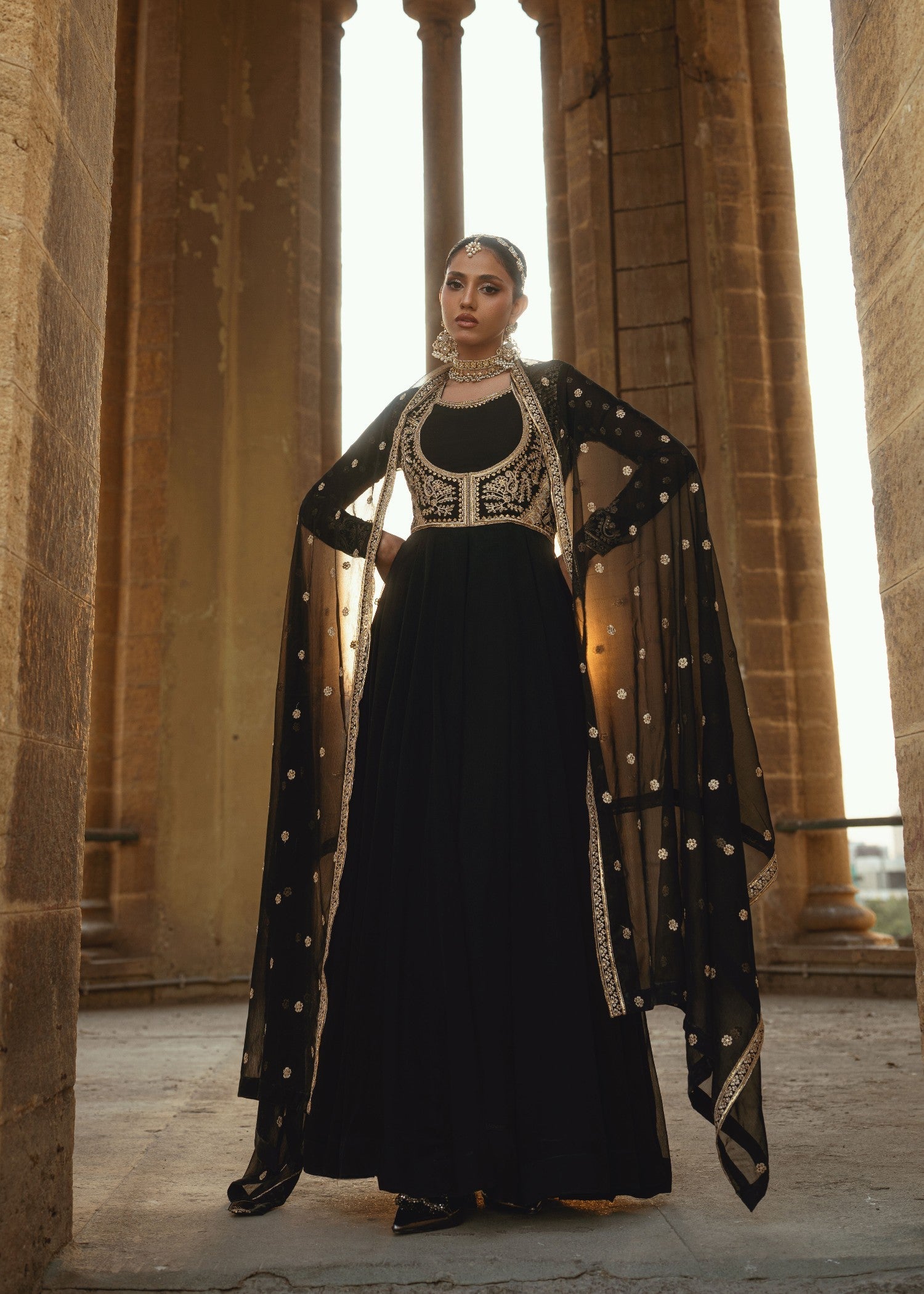 Black Embellished Chiffon Kurta Set Online in Dubai DXB UAE Abudhabi Meena Bazaar