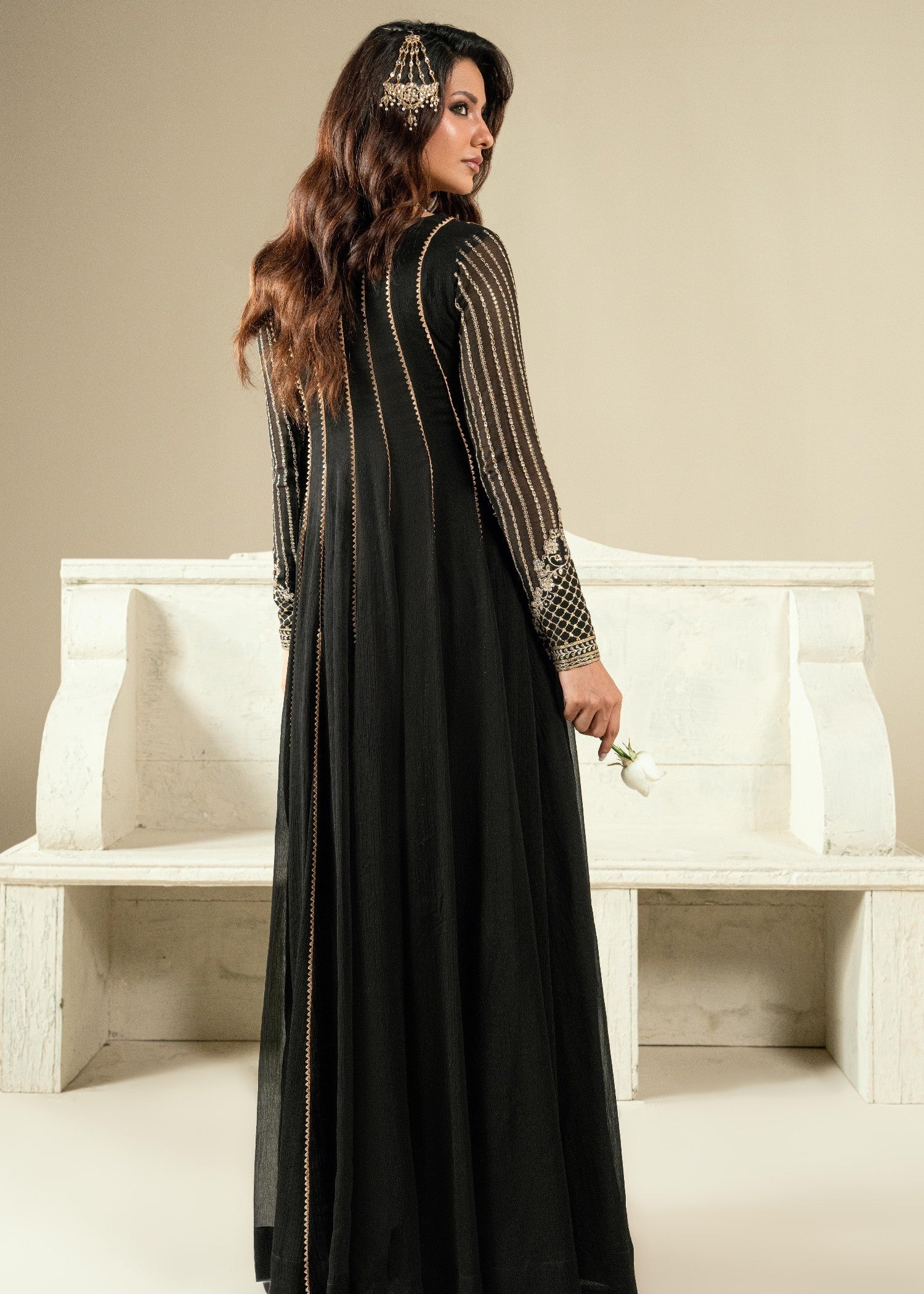 Black Embellished Chiffon Kurta Set Online in Dubai UAE Abudhabi Ajman Sharjah