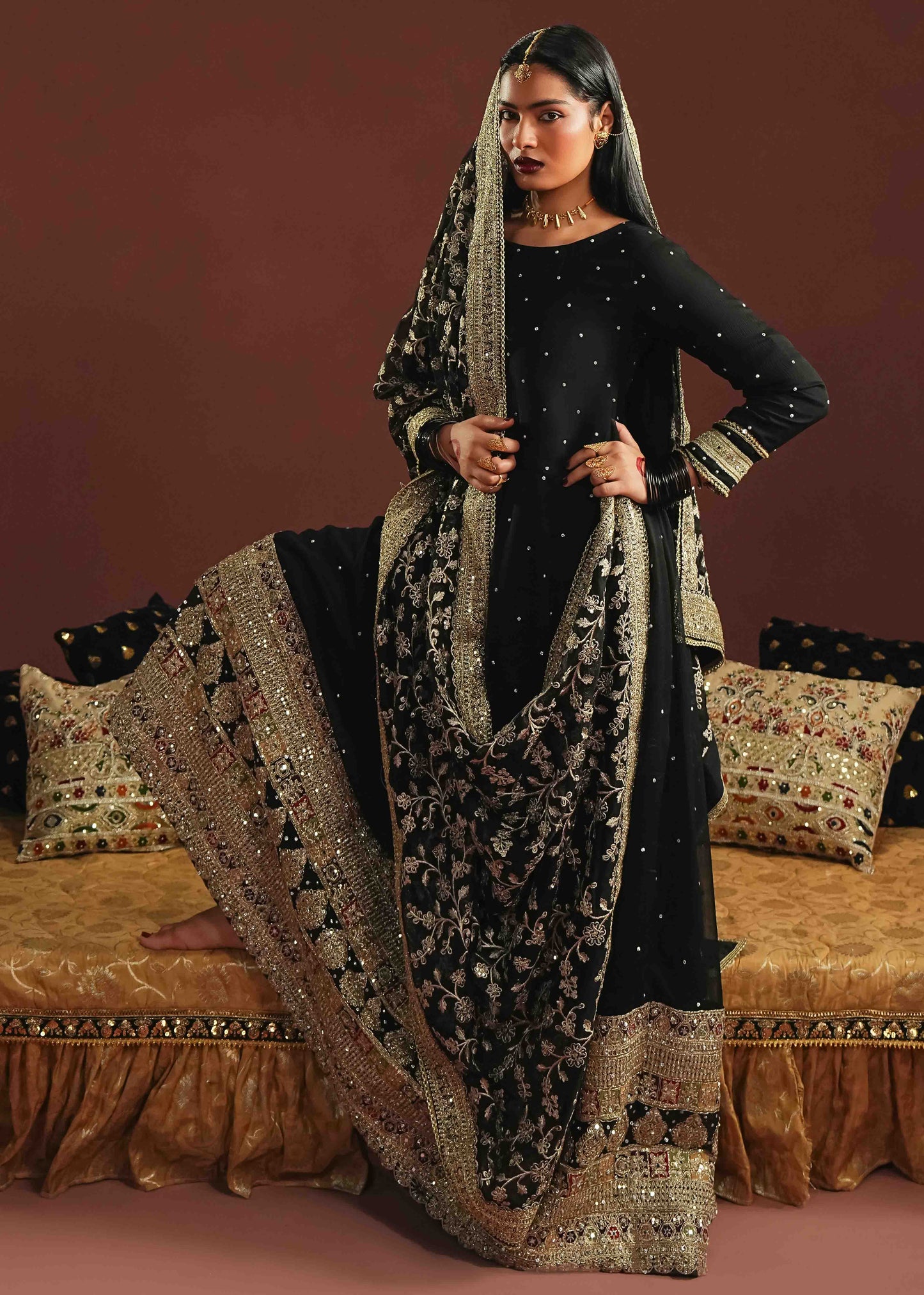 Black Embellished Chiffon Maxi with Dupatta Online in KSA Riyadh Saudi Arabia Oman Bahrain Qatar