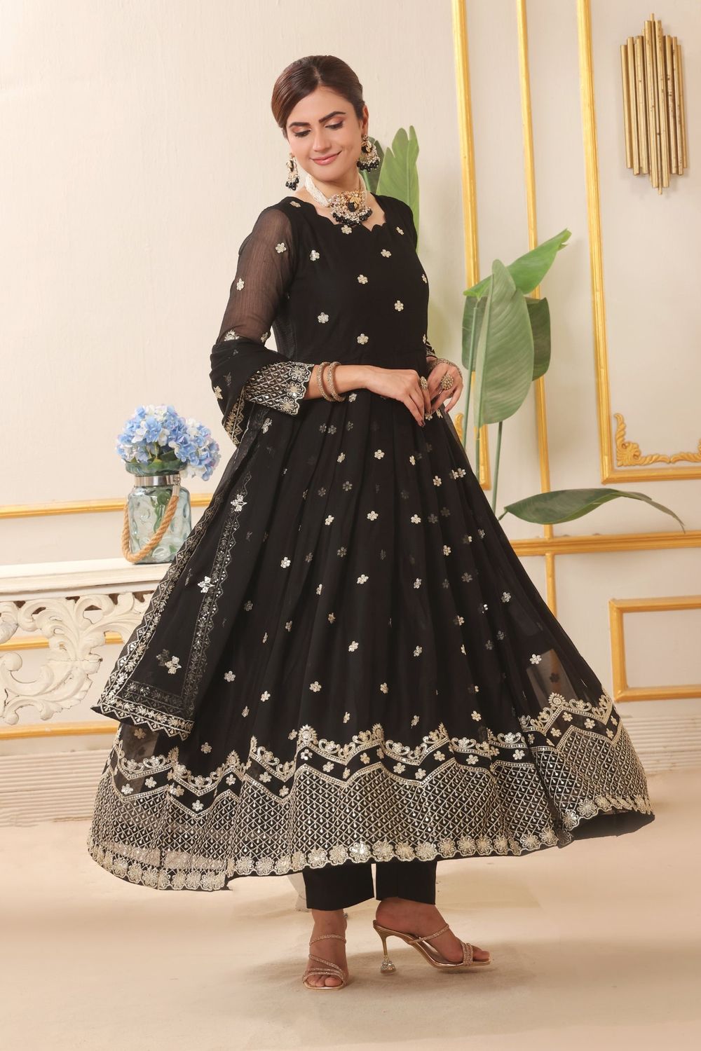 Black Embellished Chiffon Partywear Suit Online in Dubai UAE Abudhabi Ajman Sharjah