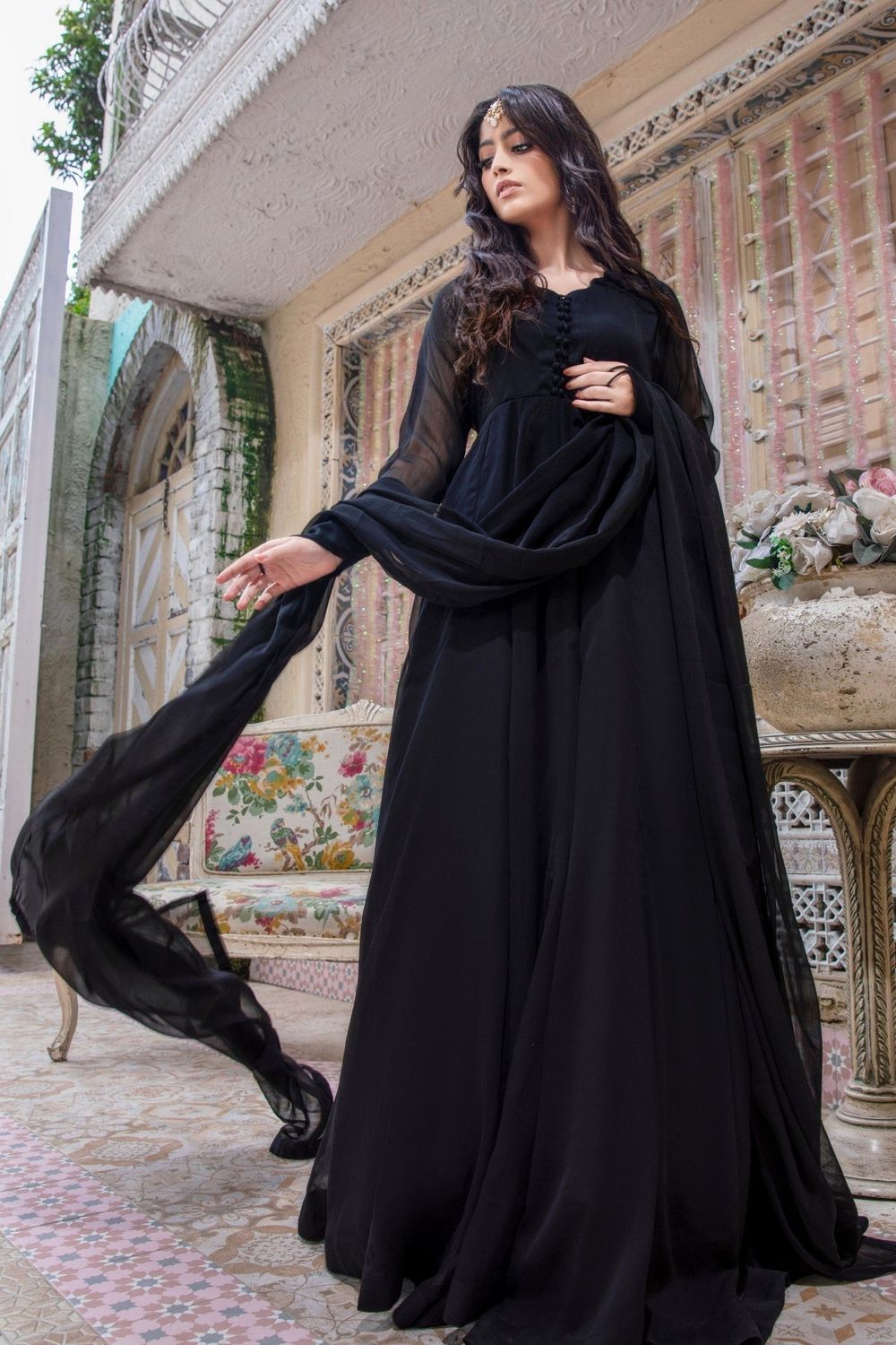 Black Embellished Chiffon Pishwas Suit Online in Dubai UAE Abudhabi Ajman Sharjah