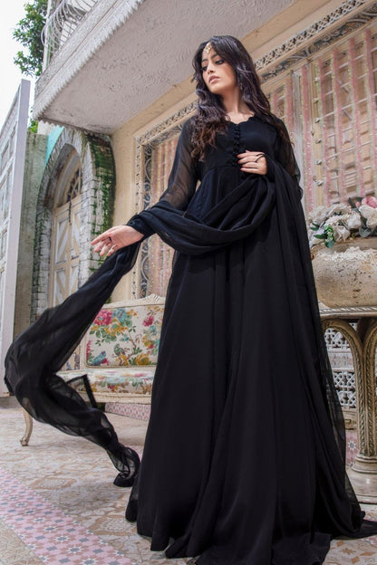 Black Embellished Chiffon Pishwas Suit Online in Dubai UAE Abudhabi Ajman Sharjah