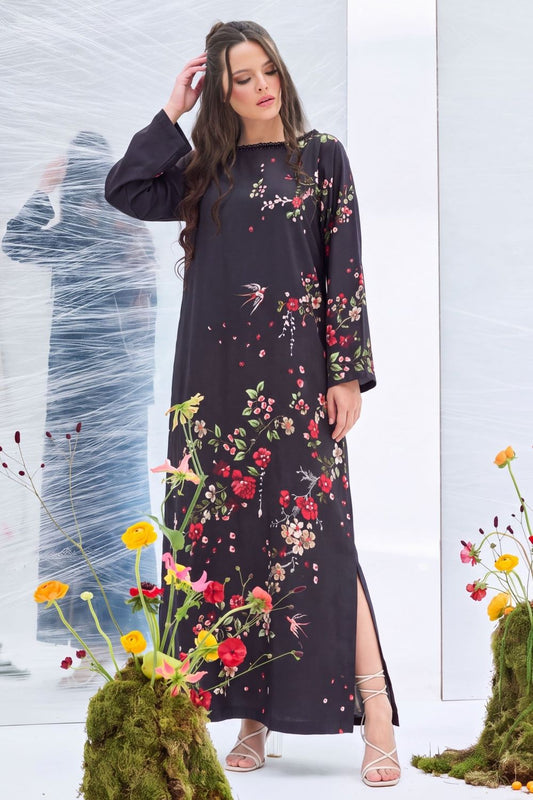 Black Embellished Corduroy Kaftan Online in Dubai UAE Abudhabi Ajman Sharjah