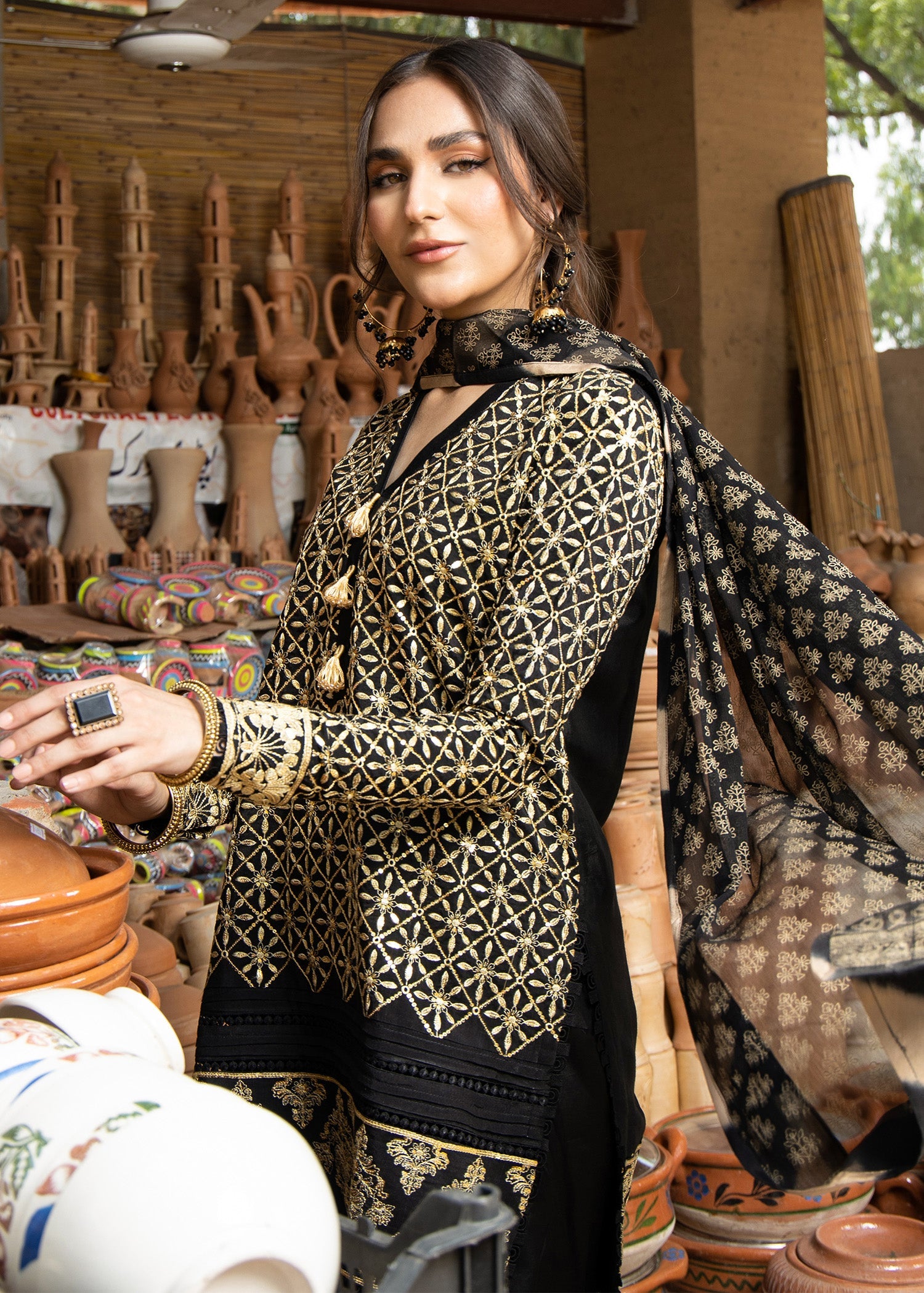 Black Embellished Farshi Shalwar Partywear Suit Online in Dubai DXB UAE Abudhabi Meena Bazaar