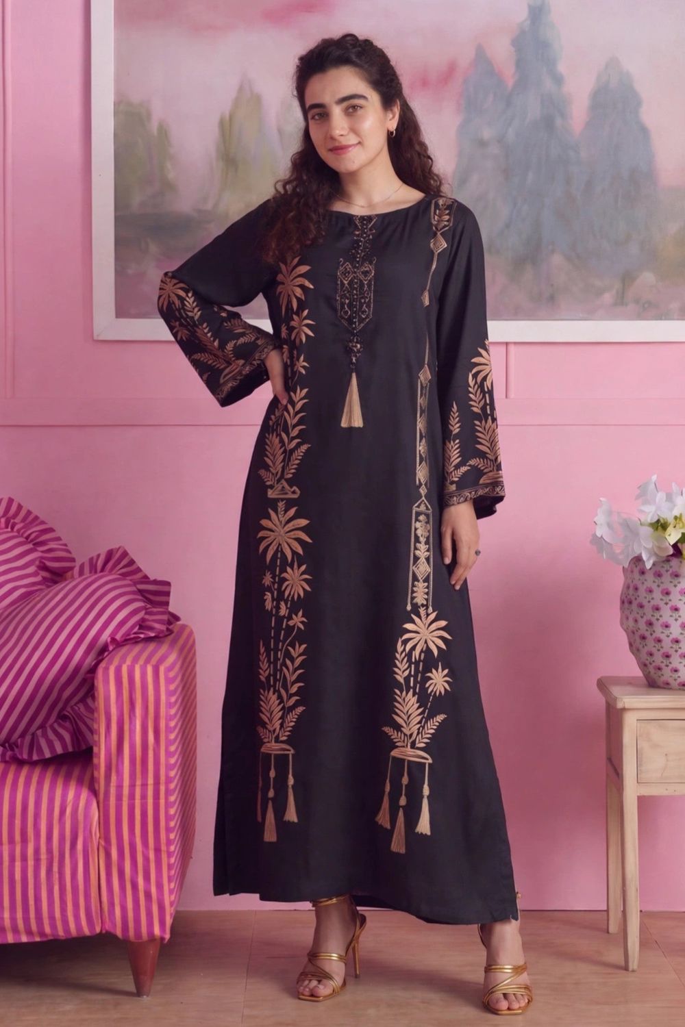 Black Embellished Linen Kaftan Online in Dubai UAE Abudhabi Ajman Sharjah