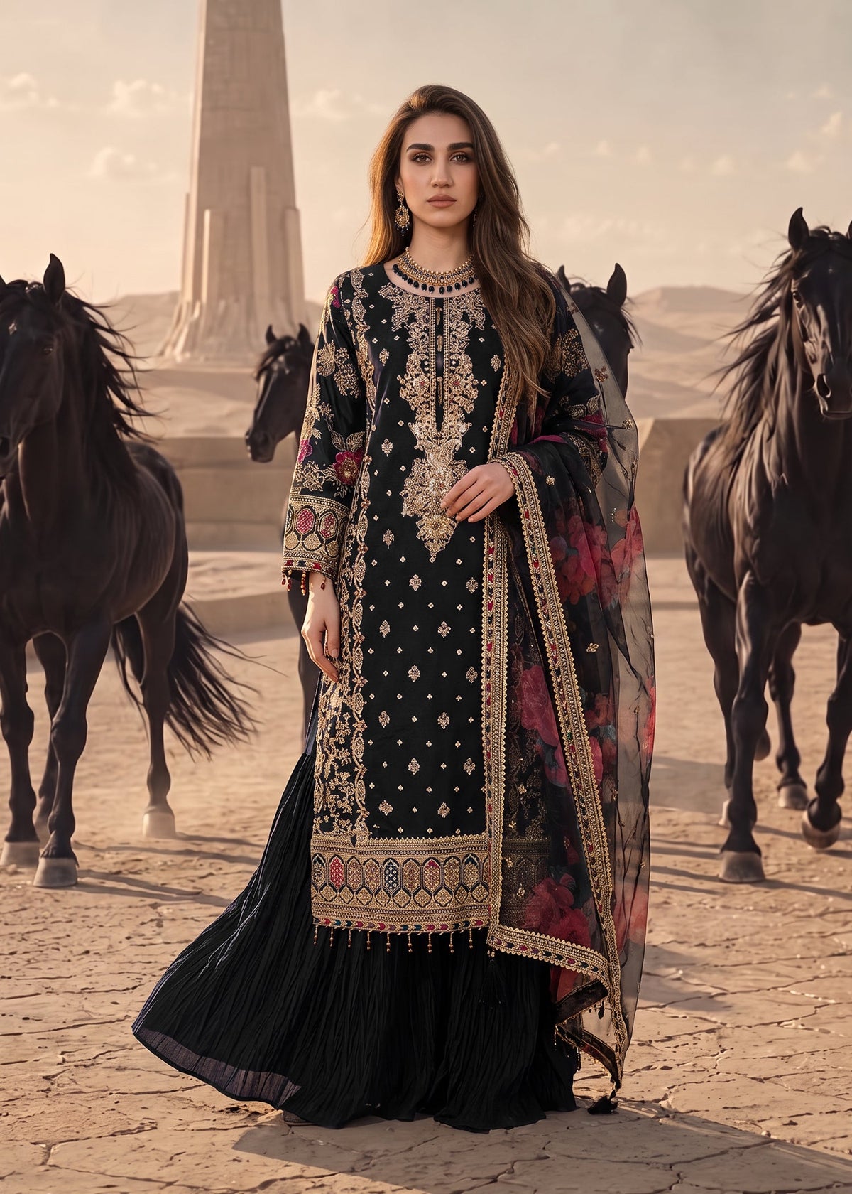 Black Embellished Organza Pakistani Bridal Sharara Online in Sri Lanka India Australia