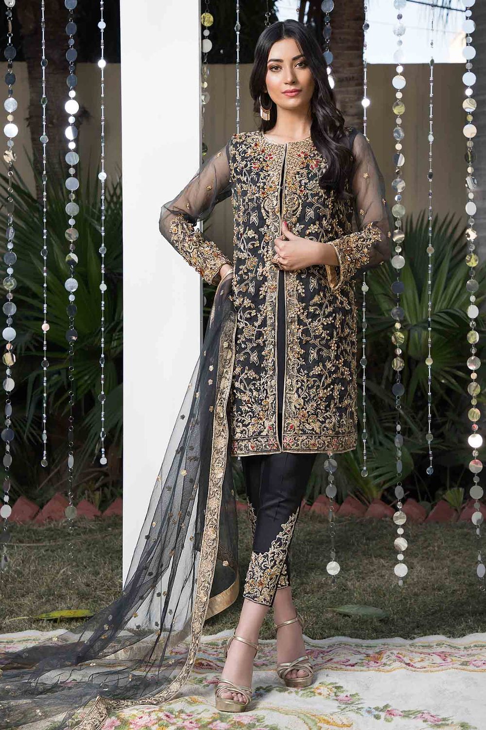 Black Embellished Organza Partywear Suit Online in Dubai UAE Abudhabi Ajman Sharjah