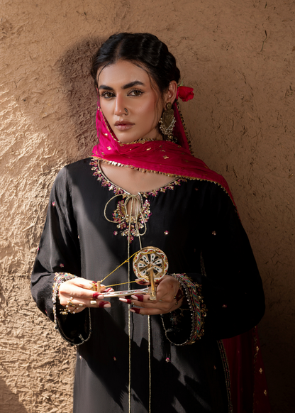 Black Embellished Raw Silk Farshi Shalwar Dress Online in Dubai UAE Abudhabi Ajman Sharjah