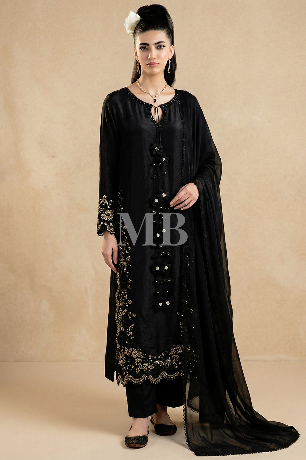 Black Embellished Raw Silk Festive Suit Online in Dubai UAE Abudhabi Ajman Sharjah