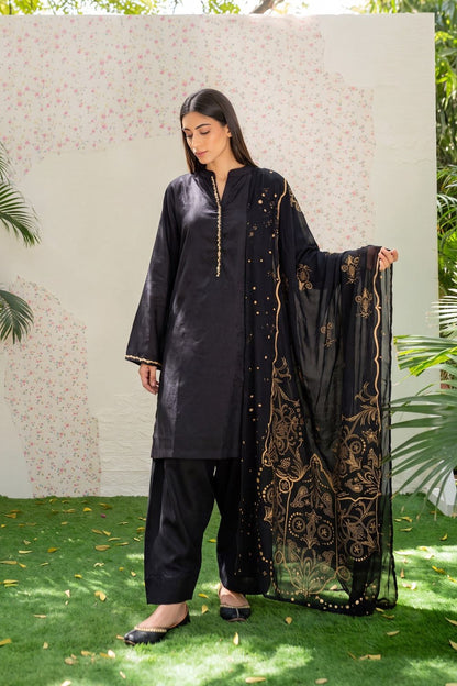 Black Embellished Textured Lawn Suit with Chiffon Dupatta Online in Dubai UAE Abudhabi Ajman Sharjah