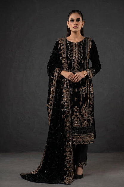 Black Embellished Velvet Pakistani Suit Online in Dubai UAE Abudhabi Ajman Sharjah