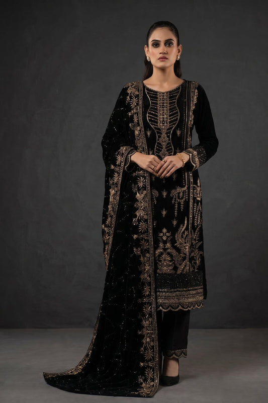 Black Embellished Velvet Pakistani Suit Online in Dubai UAE Abudhabi Ajman Sharjah