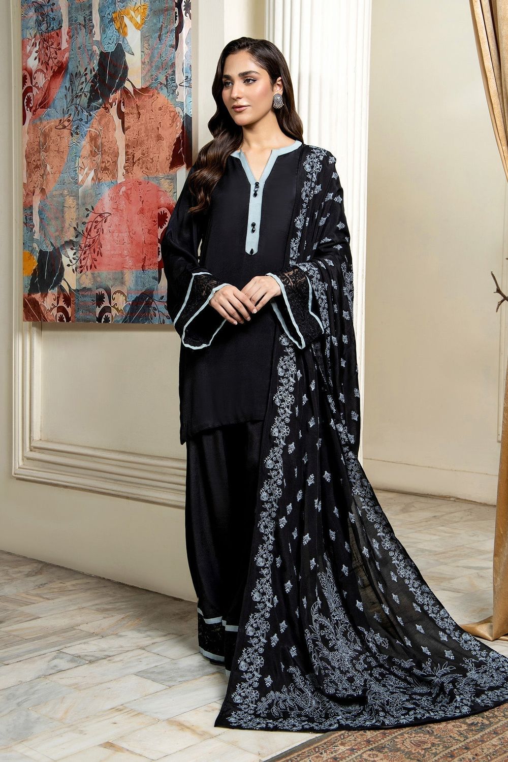 Black Embellished Viscose Farshi Shalwar Suit Online in Dubai UAE Abudhabi Ajman Sharjah