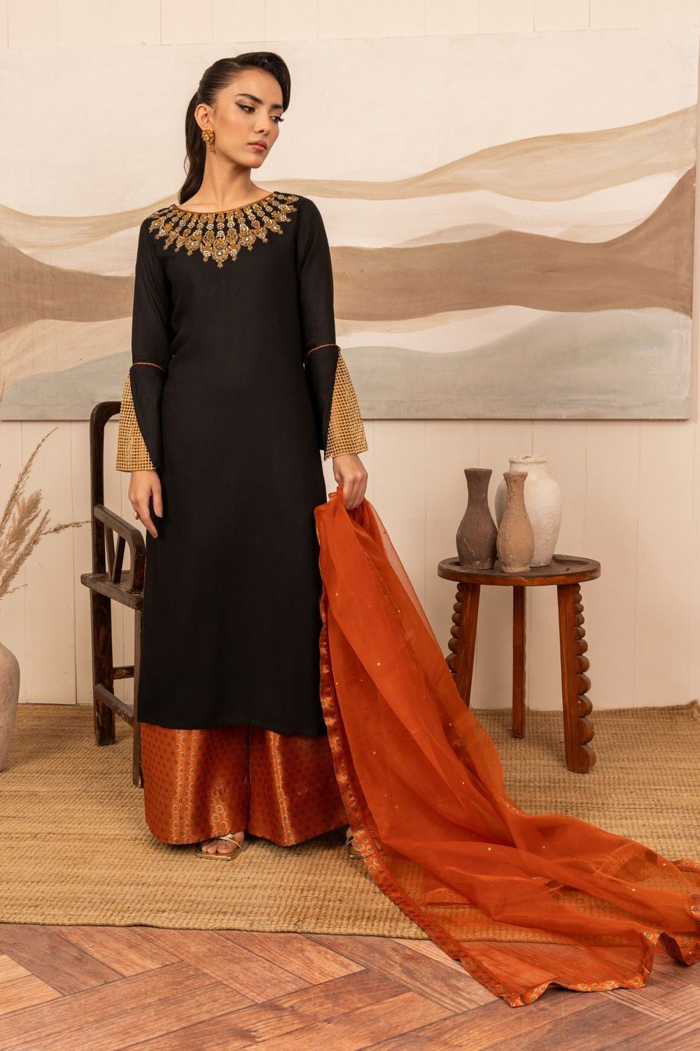 Black Embellished Viscose Thai Silk Festive Kurta Suit Online in Dubai UAE Abudhabi Ajman Sharjah