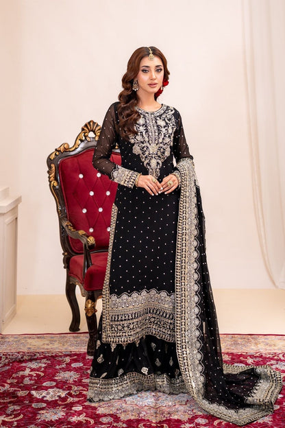 Black Embroidered Bemberg Crinkle Chiffon Kurti Gharara Dupatta Online in Dubai UAE Abudhabi Ajman Sharjah
