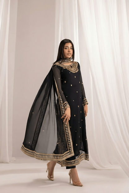 Black Embroidered Bemberg Crinkle Chiffon Long Kurta Online in Dubai UAE Abudhabi Ajman Sharjah