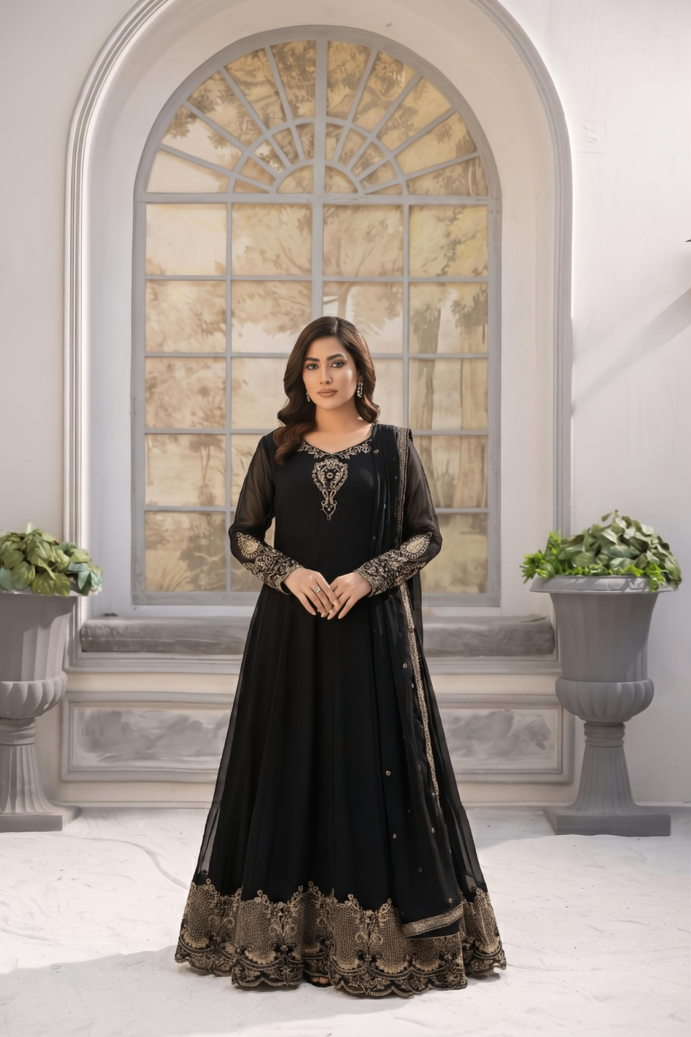 Black Embroidered Bemberg Crinkle Chiffon Maxi Suit Online in Dubai UAE Abudhabi Ajman Sharjah