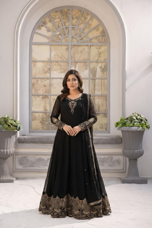 Black Embroidered Bemberg Crinkle Chiffon Maxi Suit Online in Dubai UAE Abudhabi Ajman Sharjah