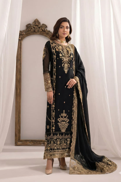 Black Embroidered Bemberg Crinkle Chiffon Partywear Suit Online in Dubai UAE Abudhabi Ajman Sharjah