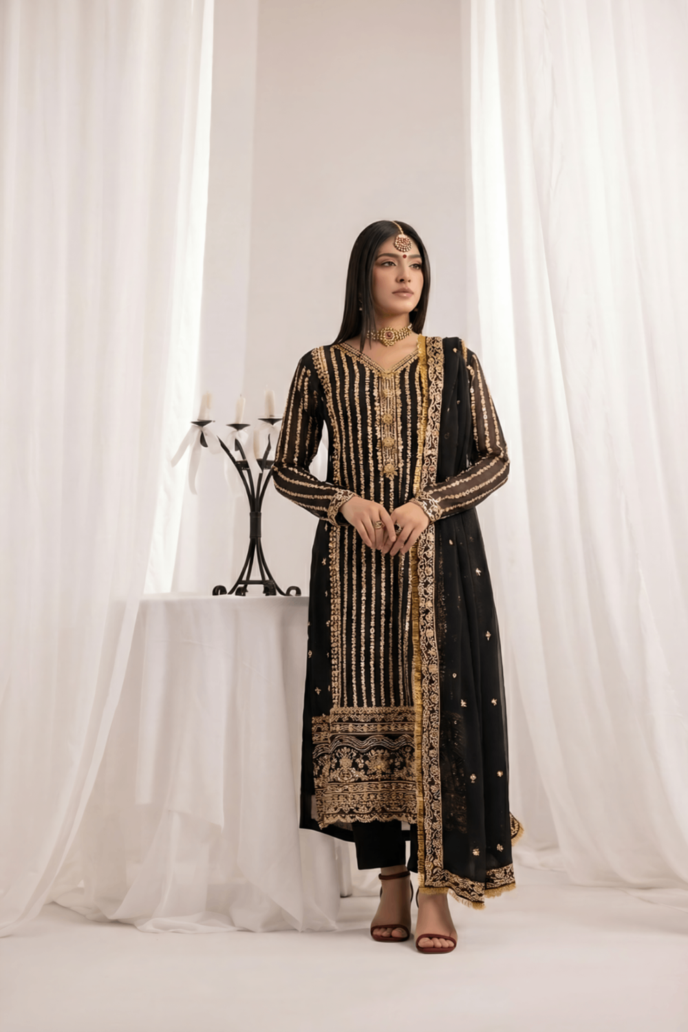 Black Embroidered Bemberg Crinkle Chiffon Partywear Suit Online in Dubai UAE Abudhabi Ajman Sharjah