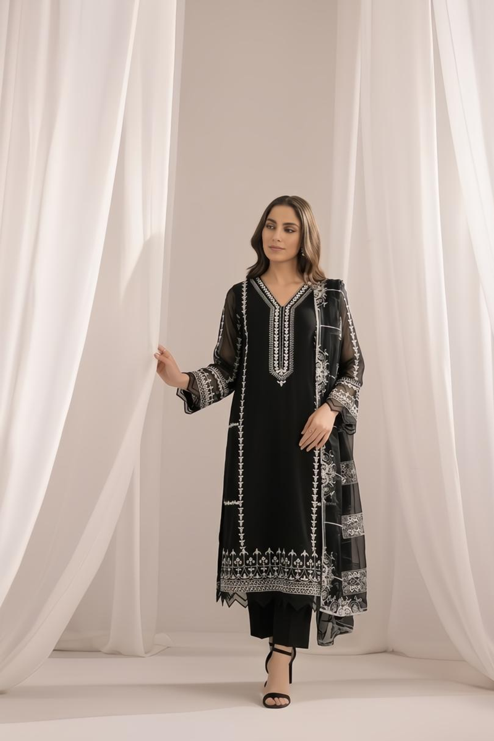 Black Embroidered Bemberg Crinkle Chiffon Partywear Suit Online in Dubai UAE Abudhabi Ajman Sharjah