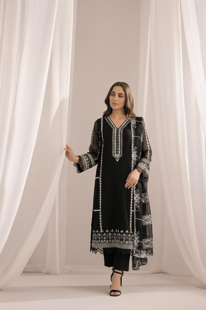 Black Embroidered Bemberg Crinkle Chiffon Partywear Suit Online in Dubai UAE Abudhabi Ajman Sharjah