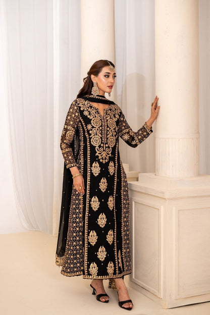 Black Embroidered Bemberg Crinkle Chiffon Partywear Suit Online in Dubai UAE Abudhabi Ajman Sharjah