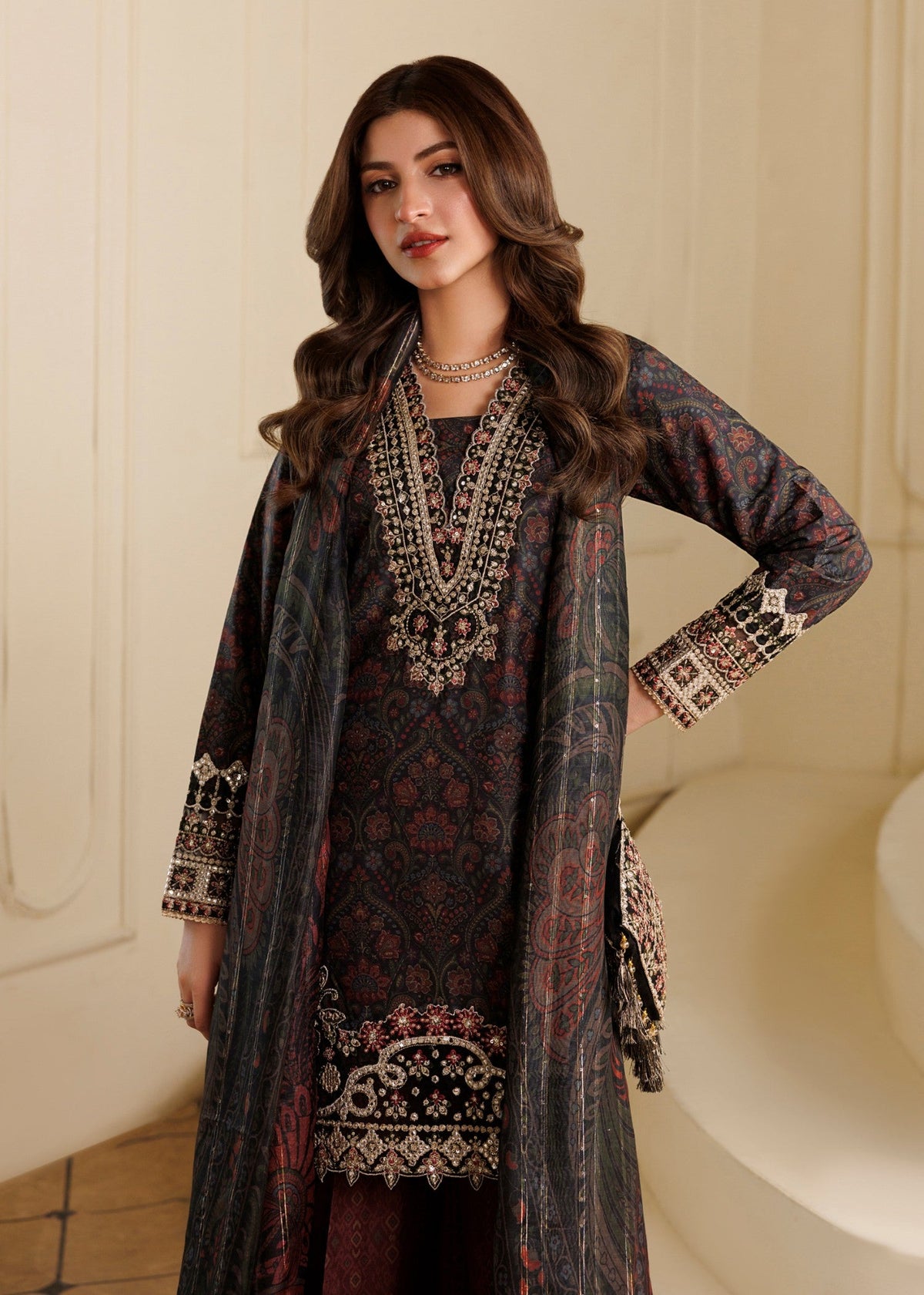 Black Embroidered Blended Khaddar Ladies Suit Online in Sri Lanka India Australia