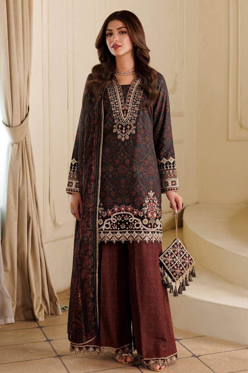 Black Embroidered Blended Khaddar Pakistani Suit Online in Dubai UAE Abudhabi Ajman Sharjah