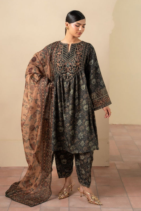 Black Embroidered Blended Khaddar Peplum Short Frock Suit Online in Dubai UAE Abudhabi Ajman Sharjah