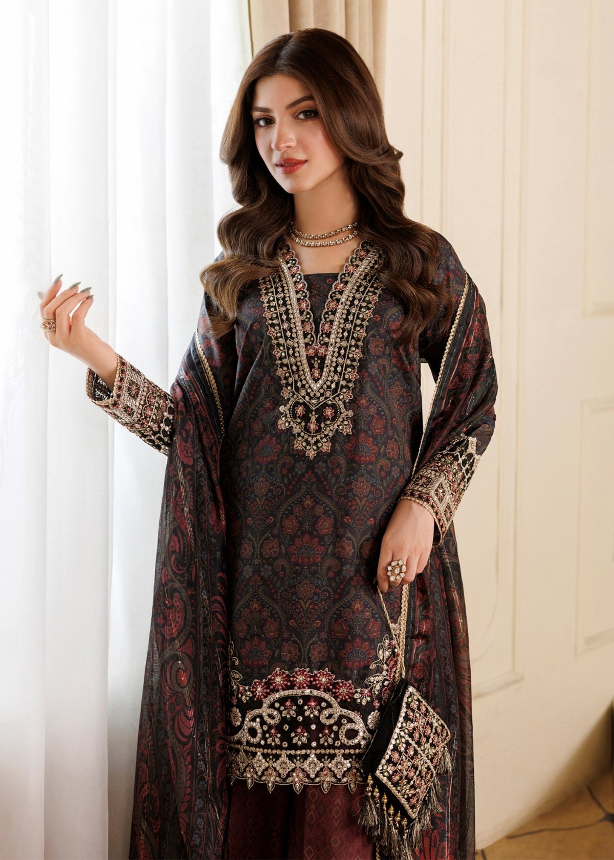 Black Embroidered Blended Khaddar Salwar Suit Online in KSA Riyadh Saudi Arabia Oman Bahrain Qatar