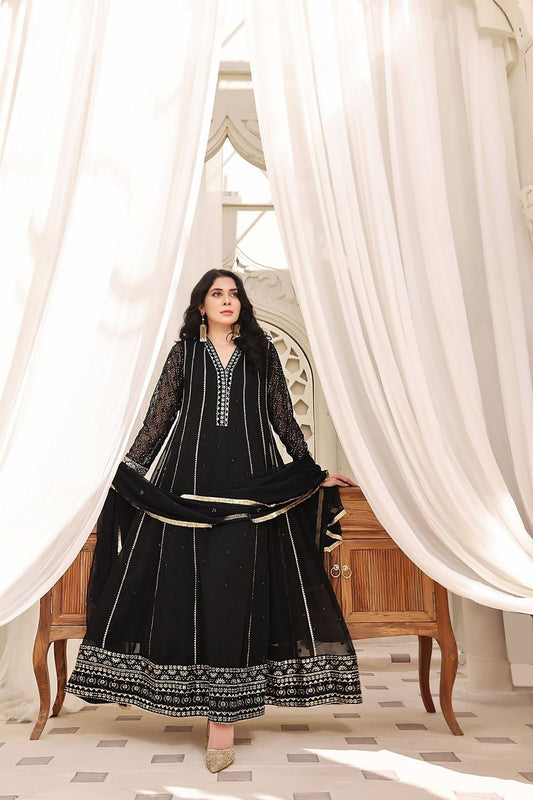 Black Embroidered Chiffon Anarkali Pishwas Online in Dubai UAE Abudhabi Ajman Sharjah
